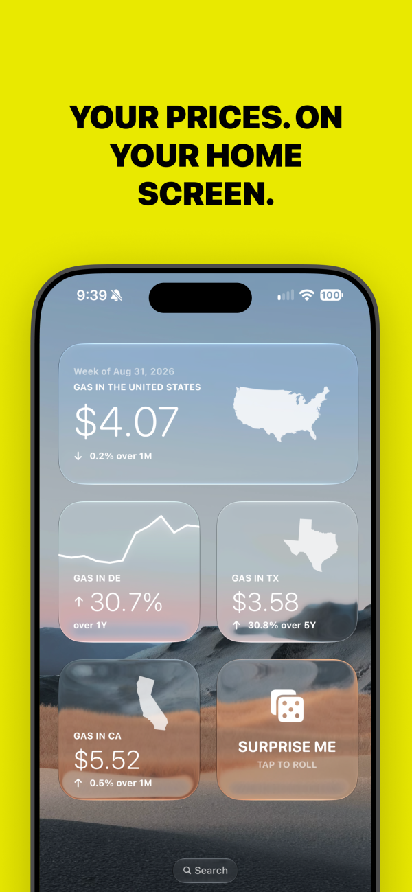 GasPulse Home Screen widgets showing a national regular-gas price, area trends, a chart, and Surprise Me