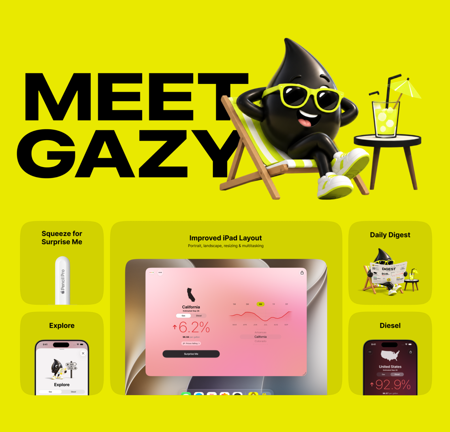 GasPulse 1.1.5: Meet Gazy, squeeze Apple Pencil Pro for Surprise Me, improved iPad layout for portrait, landscape, resizing and multitasking, Daily Digest, Explore and Diesel.