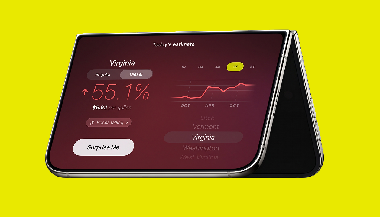 GasPulse dashboard shown in a promotional iPhone Duo illustration. Displayed prices are examples.